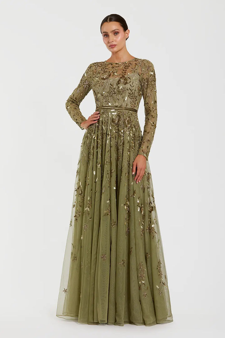 Hand-Embellished Floral Long Sleeve A-Line Gown | Mac Duggal Dress 6182