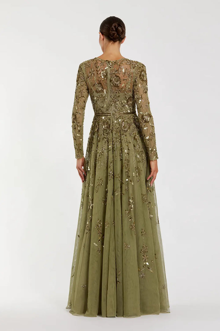 Hand-Embellished Floral Long Sleeve A-Line Gown | Mac Duggal Dress 6182