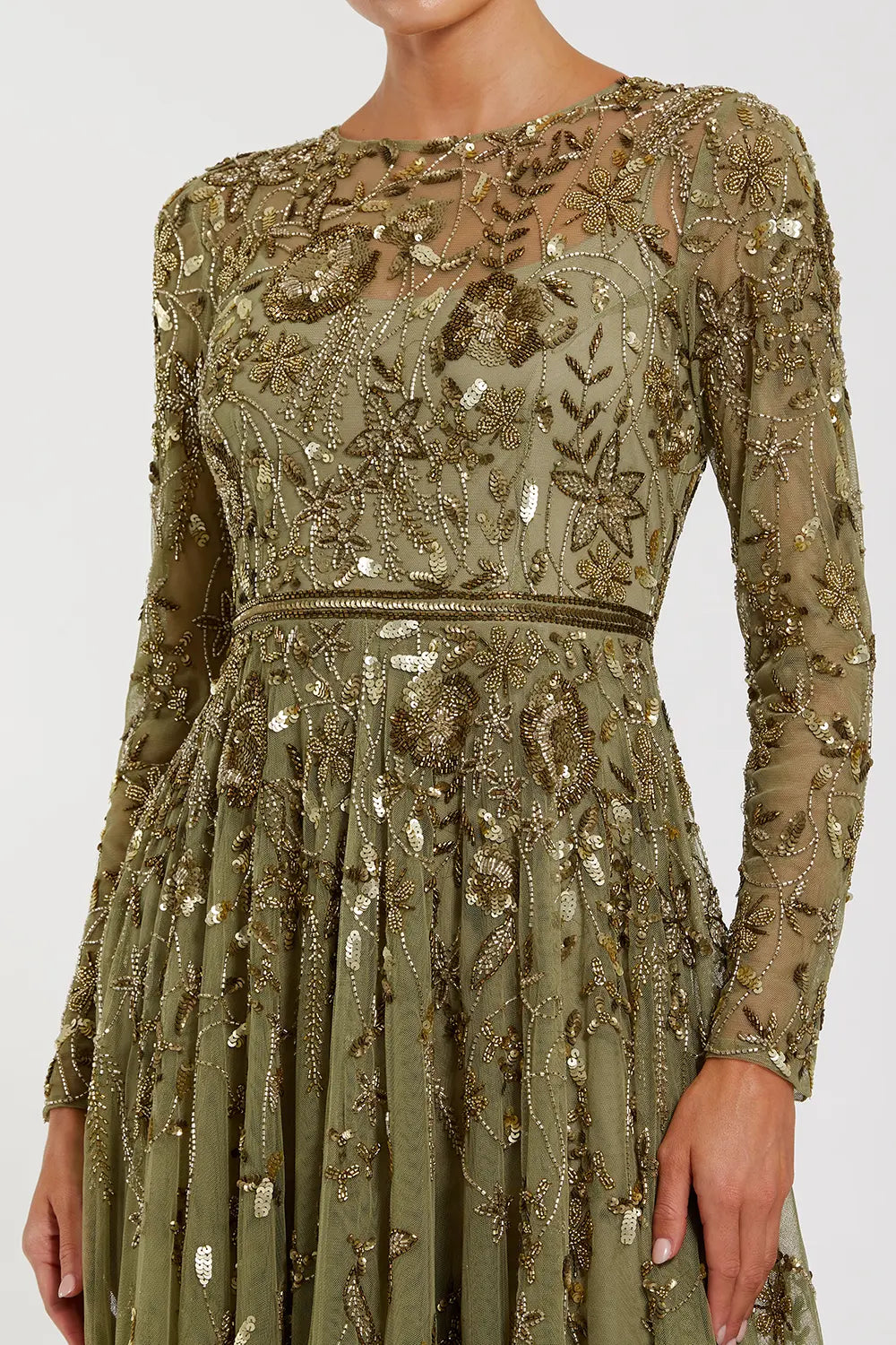 Hand-Embellished Floral Long Sleeve A-Line Gown | Mac Duggal Dress 6182