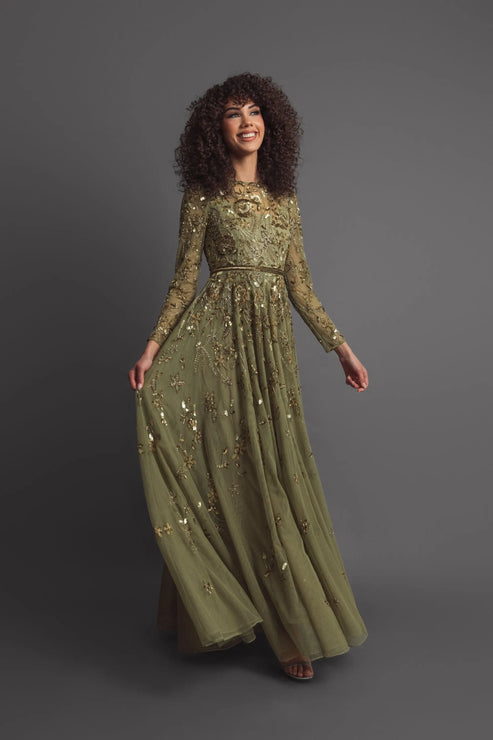 Hand-Embellished Floral Long Sleeve A-Line Gown | Mac Duggal Dress 6182