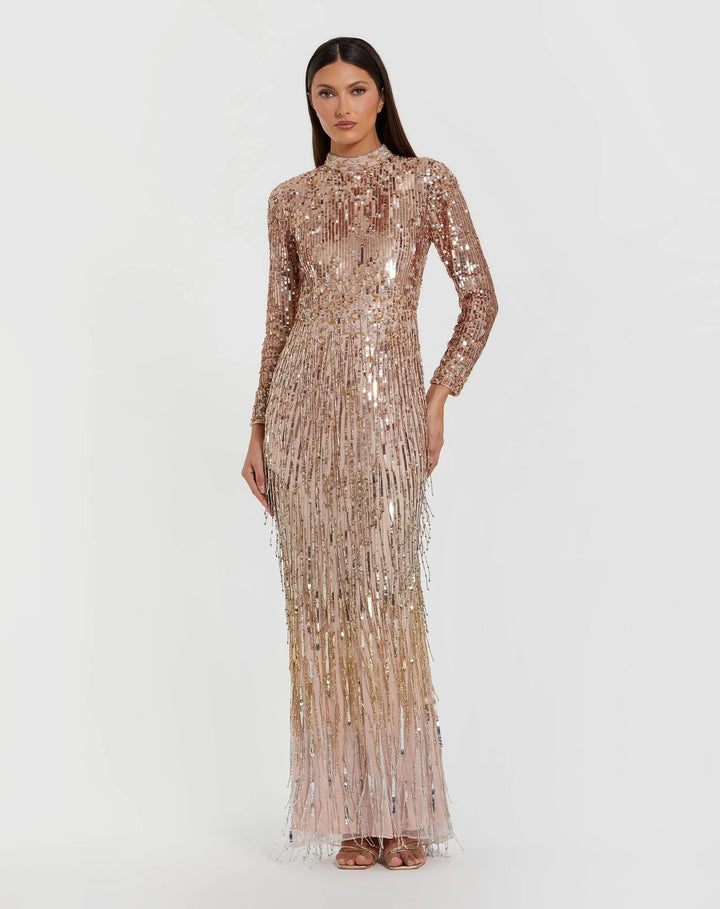Fringe Embellished Column Gown with Long Sleeves | Mac Duggal Dress 6187