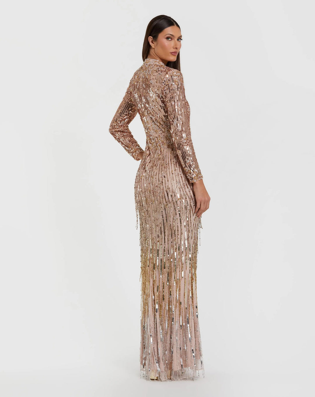 Fringe Embellished Column Gown with Long Sleeves | Mac Duggal Dress 6187