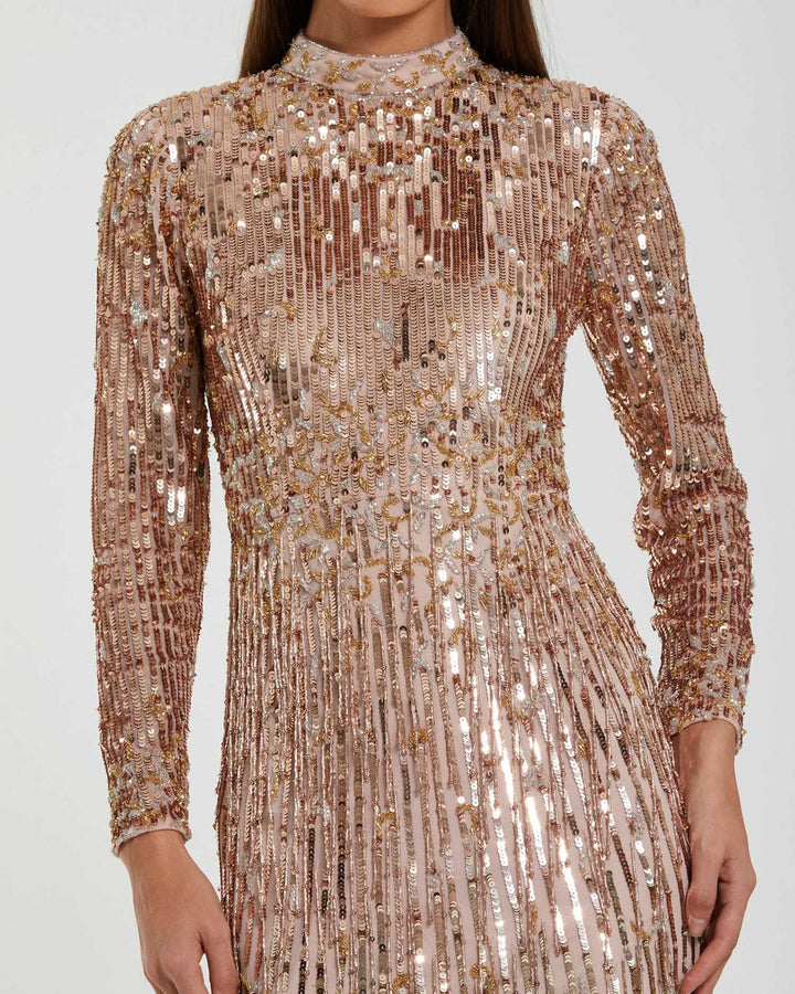 Fringe Embellished Column Gown with Long Sleeves | Mac Duggal Dress 6187