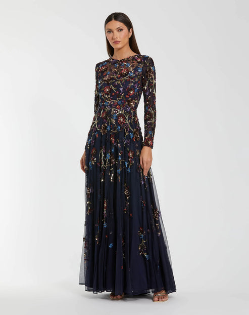 Long Sleeve A-Line Evening Gown with High Neck | Mac Duggal Dress 6198