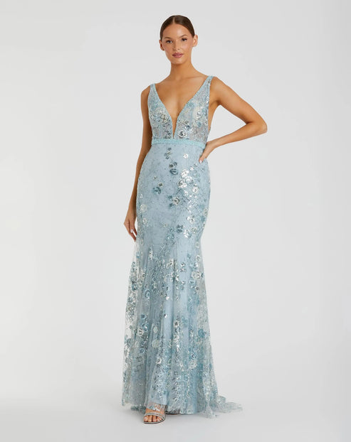 Sleeveless Plunge Neck Evening Gown with Beaded Detail | Mac Duggal Dress 67481