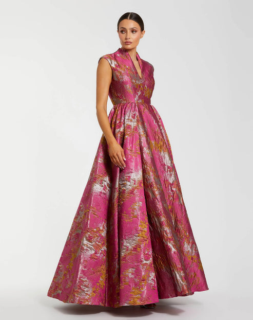 Metallic Jacquard Ball Gown with Mandarin Collar | Mac Duggal Dress 68956