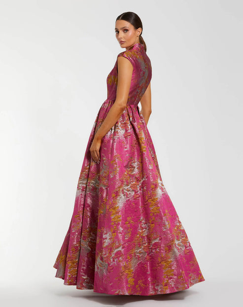 Metallic Jacquard Ball Gown with Mandarin Collar | Mac Duggal Dress 68956