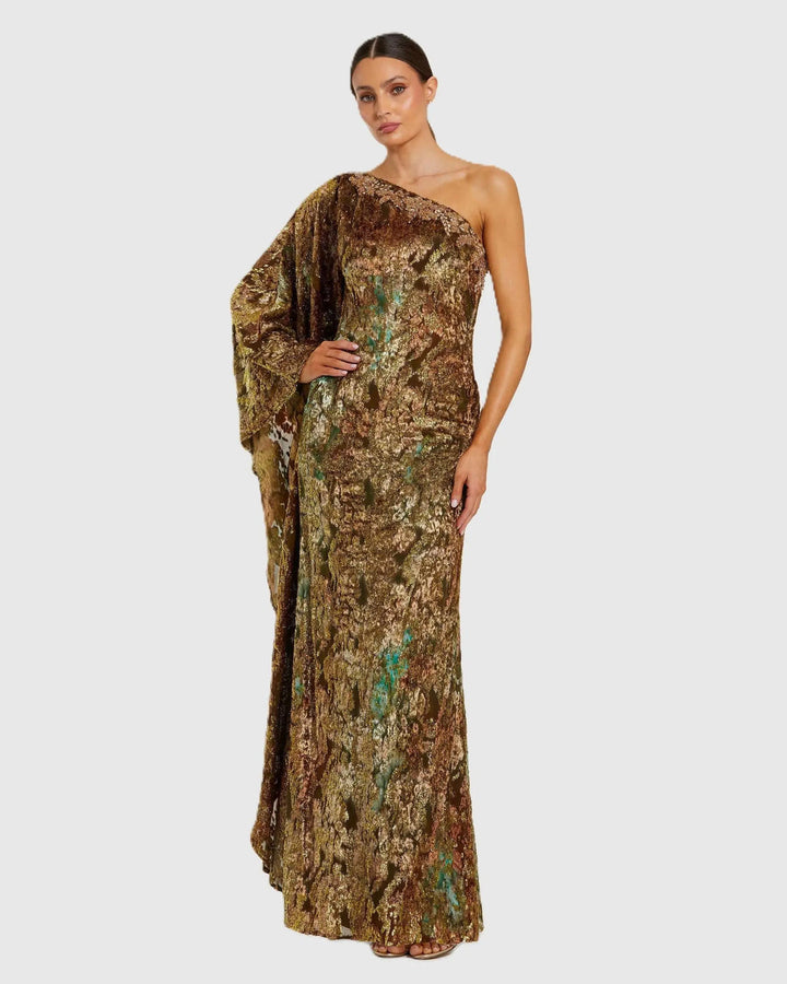 One-Shoulder Metallic Burnout Evening Gown | Mac Duggal Dress 68981