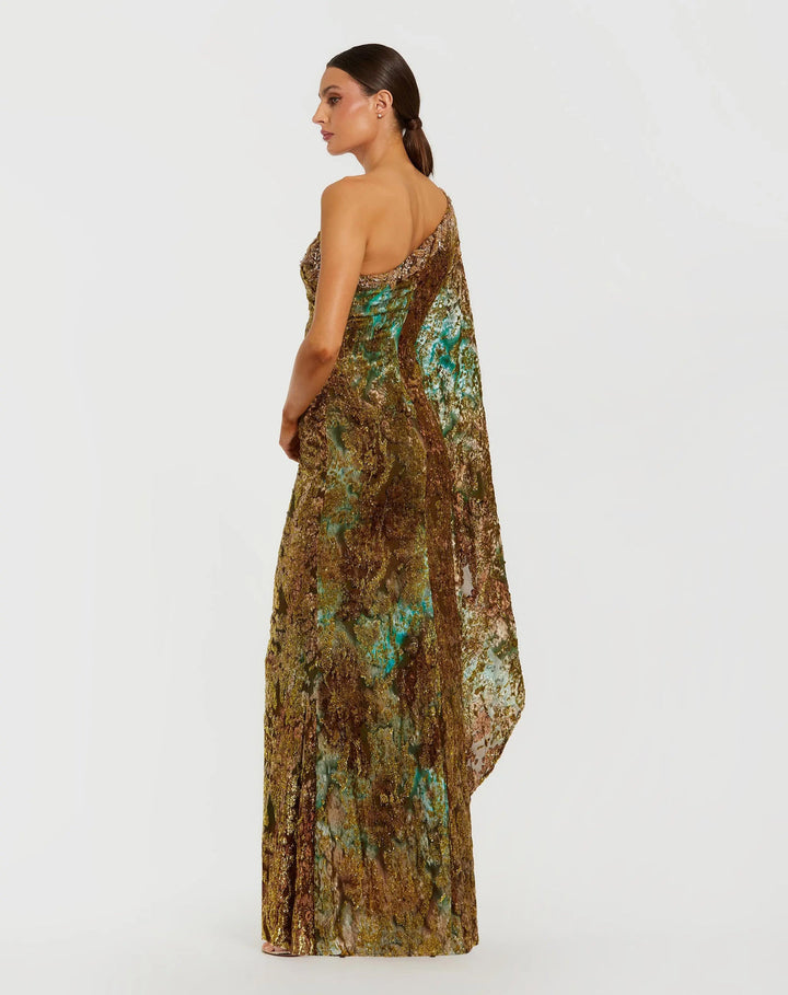 One-Shoulder Metallic Burnout Evening Gown | Mac Duggal Dress 68981