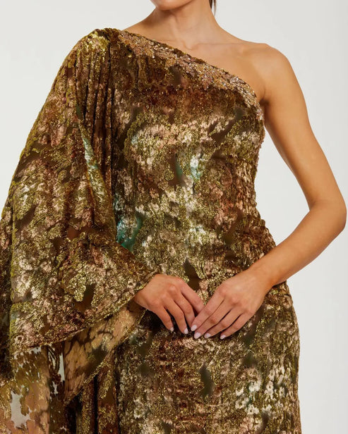 One-Shoulder Metallic Burnout Evening Gown | Mac Duggal Dress 68981