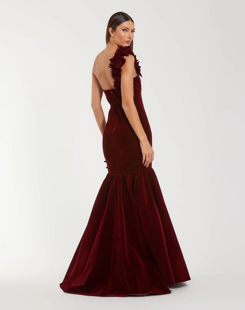 One-Shoulder Velvet Gown with Floral Detail | Mac Duggal Dress 68983