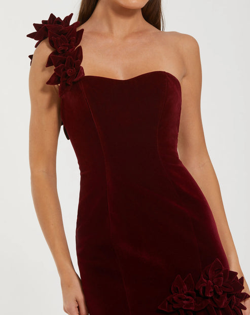 One-Shoulder Velvet Gown with Floral Detail | Mac Duggal Dress 68983