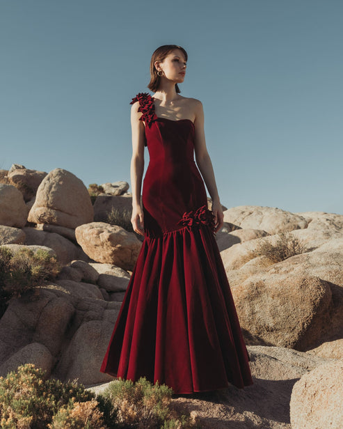 One-Shoulder Velvet Gown with Floral Detail | Mac Duggal Dress 68983