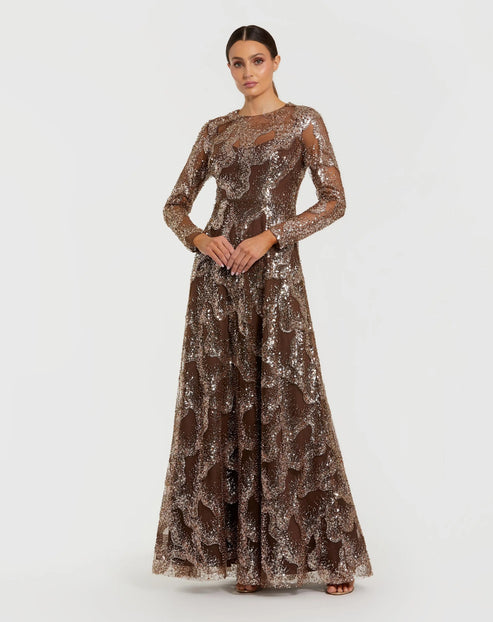 Beaded High-Neck Long-Sleeve Gown | Mac Duggal Dress 69005