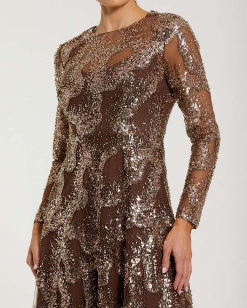 Beaded High-Neck Long-Sleeve Gown | Mac Duggal Dress 69005