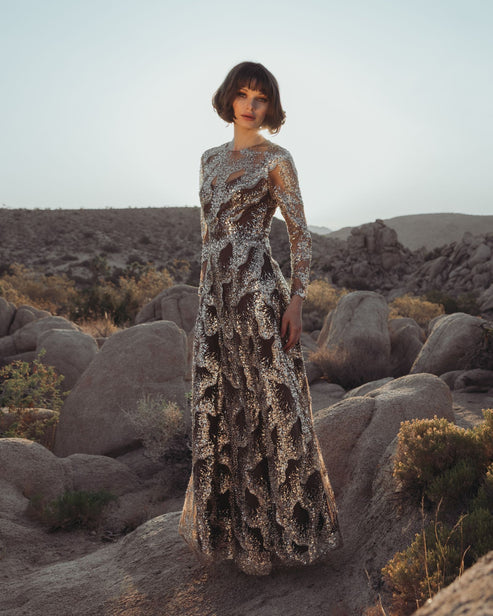 Beaded High-Neck Long-Sleeve Gown | Mac Duggal Dress 69005