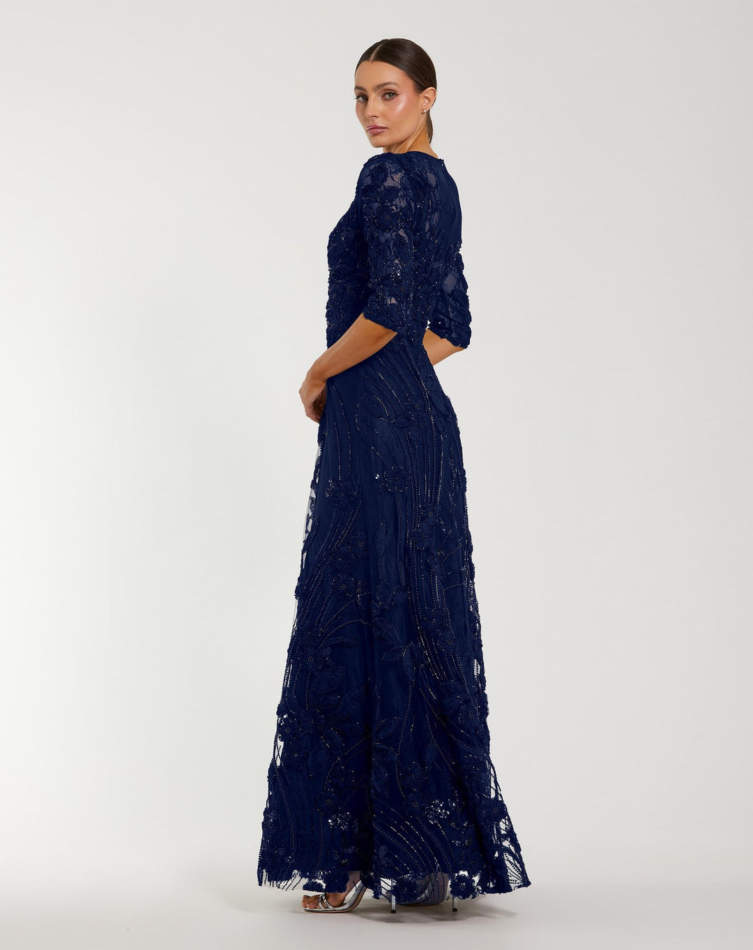 Mac Duggal Style 69016 High Neck Embellished Lace Gown with 3/4 Sleeves