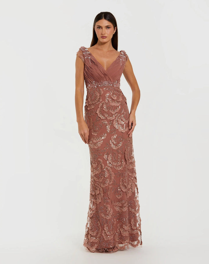 Floral Beaded Chiffon V-Neck Evening Gown | Mac Duggal Dress 69022
