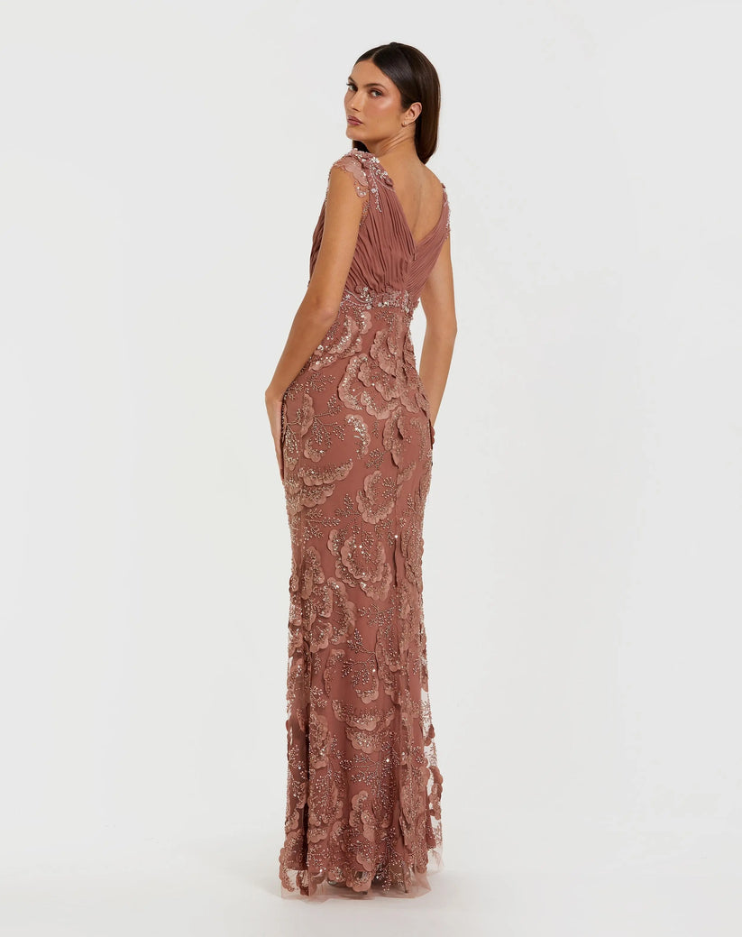 Floral Beaded Chiffon V-Neck Evening Gown | Mac Duggal Dress 69022