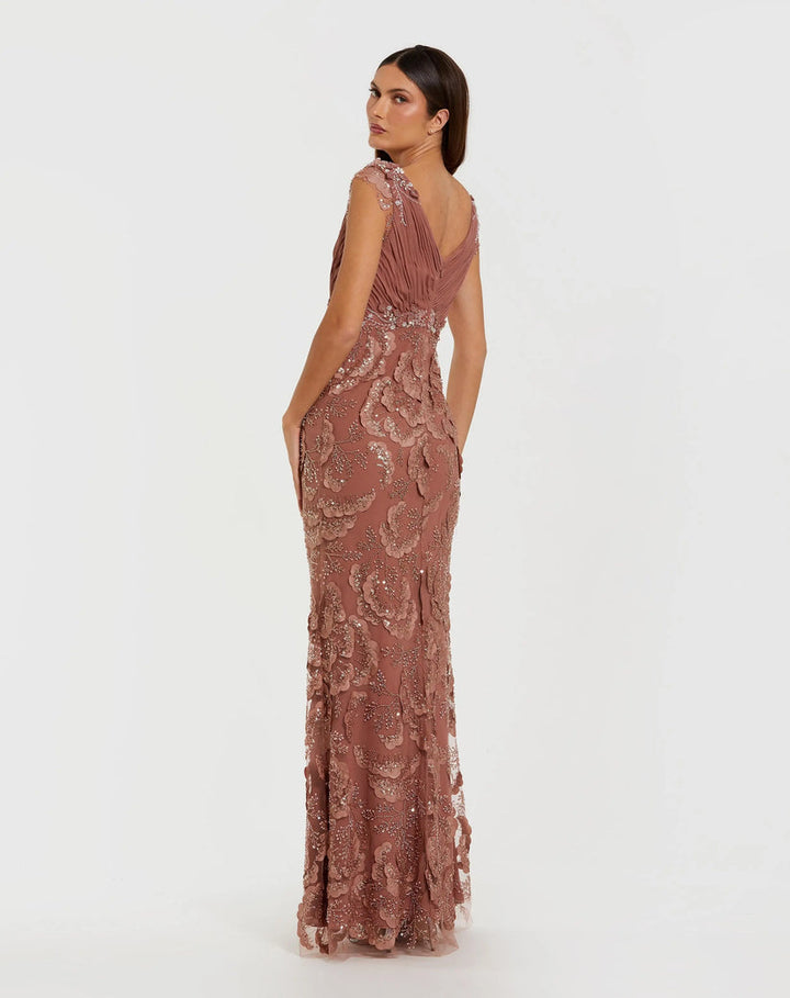 Floral Beaded Chiffon V-Neck Evening Gown | Mac Duggal Dress 69022