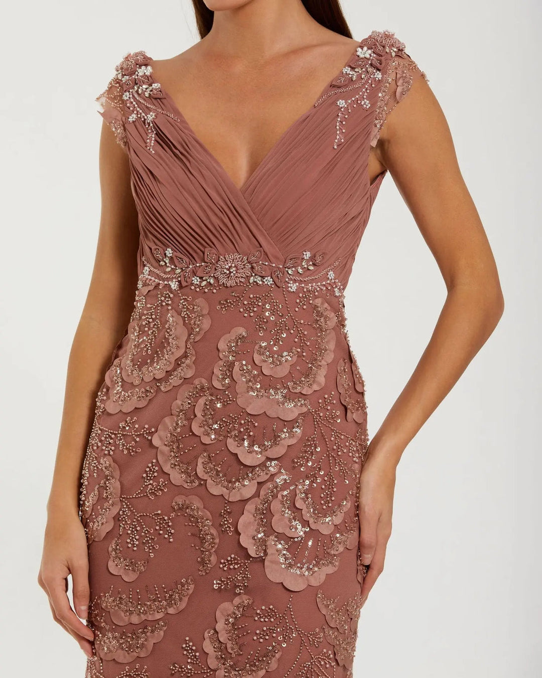 Floral Beaded Chiffon V-Neck Evening Gown | Mac Duggal Dress 69022
