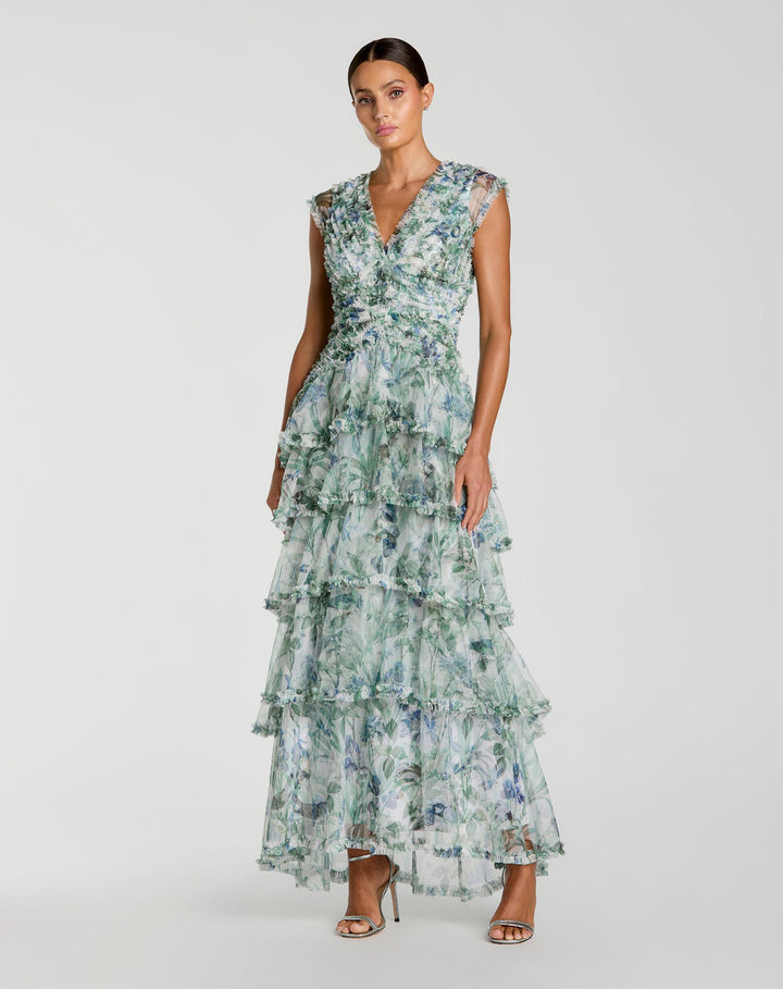 Mac Duggal Style 8423 Blue Floral V Neck Tiered Ruffle Maxi Dress