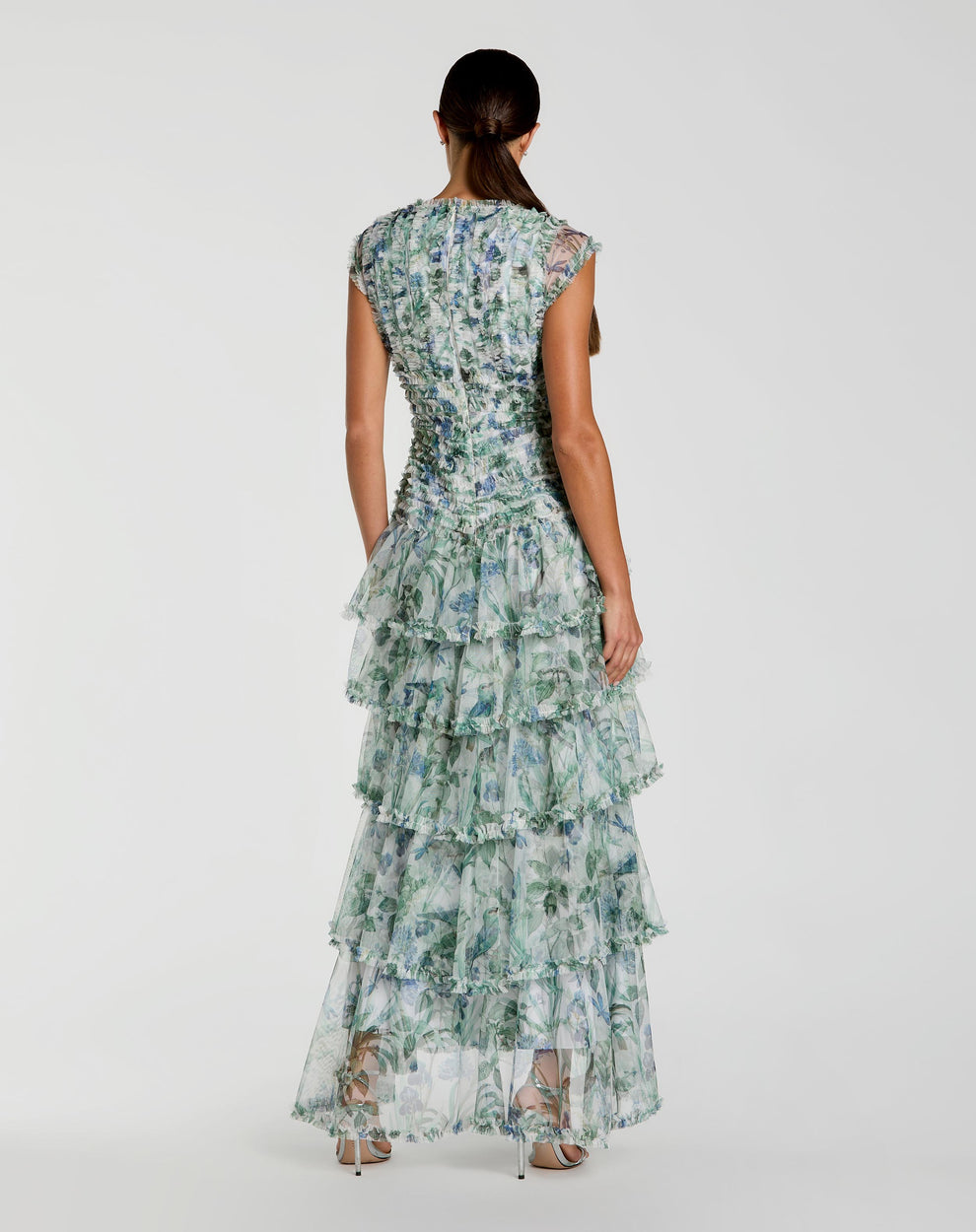 Mac Duggal Style 8423 Blue Floral V Neck Tiered Ruffle Maxi Dress