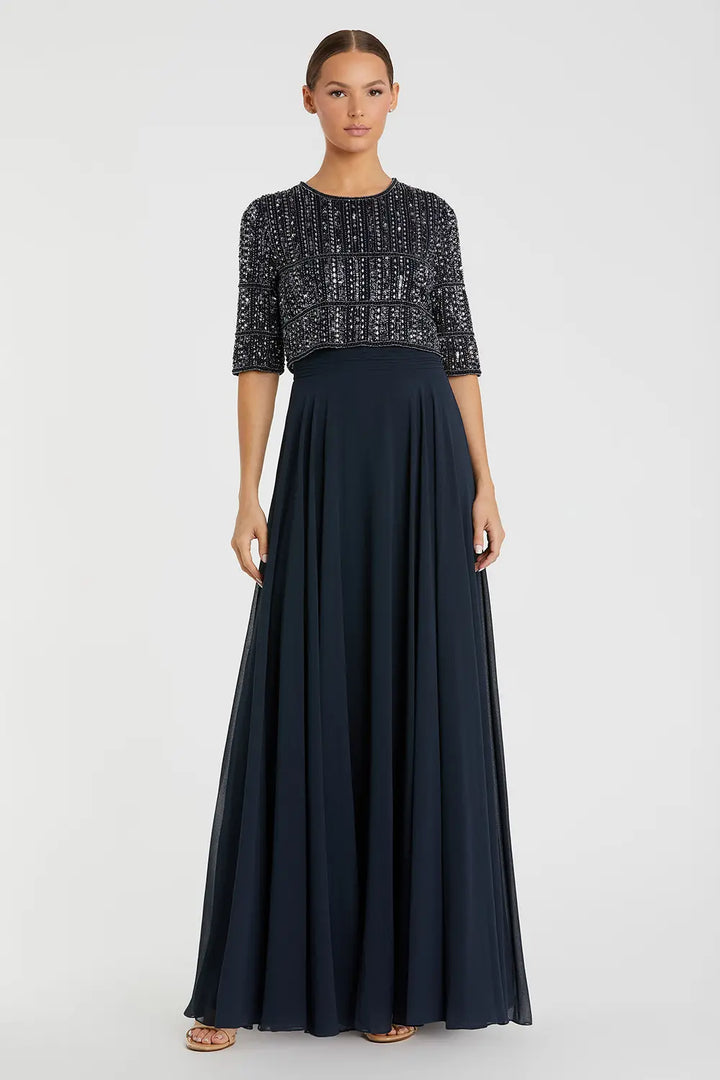Flowing Chiffon Gown with Fully Beaded Top | Mac Duggal Dress 9180
