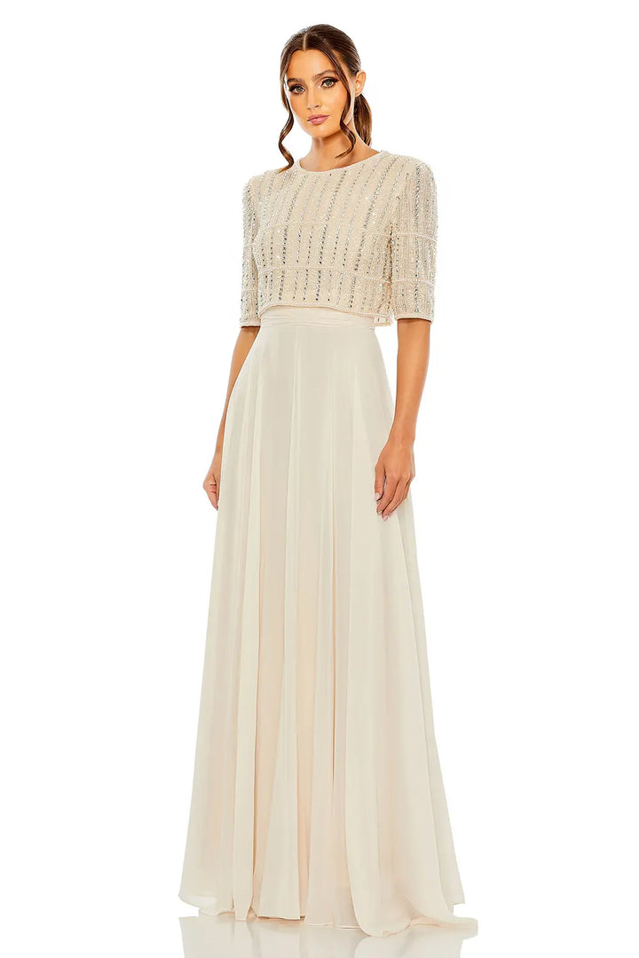 Flowing Chiffon Gown with Fully Beaded Top | Mac Duggal Dress 9180