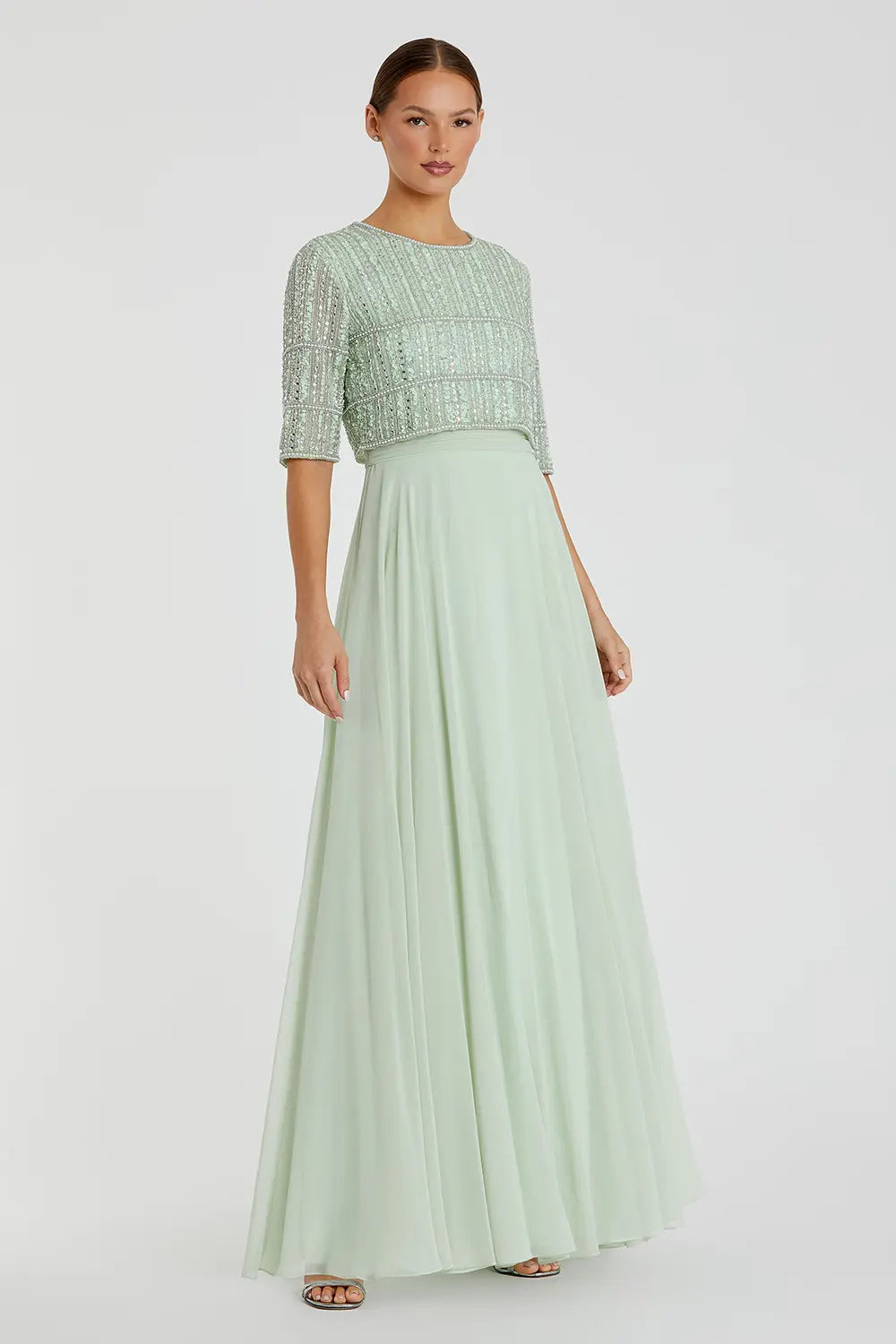 Flowing Chiffon Gown with Fully Beaded Top | Mac Duggal Dress 9180
