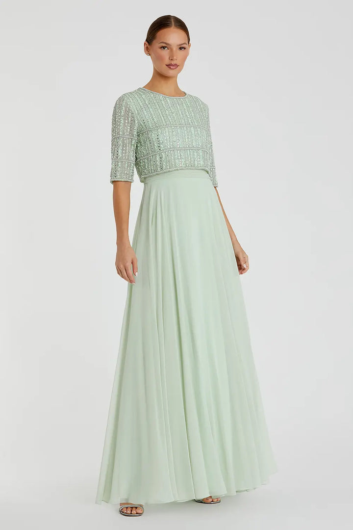 Flowing Chiffon Gown with Fully Beaded Top | Mac Duggal Dress 9180