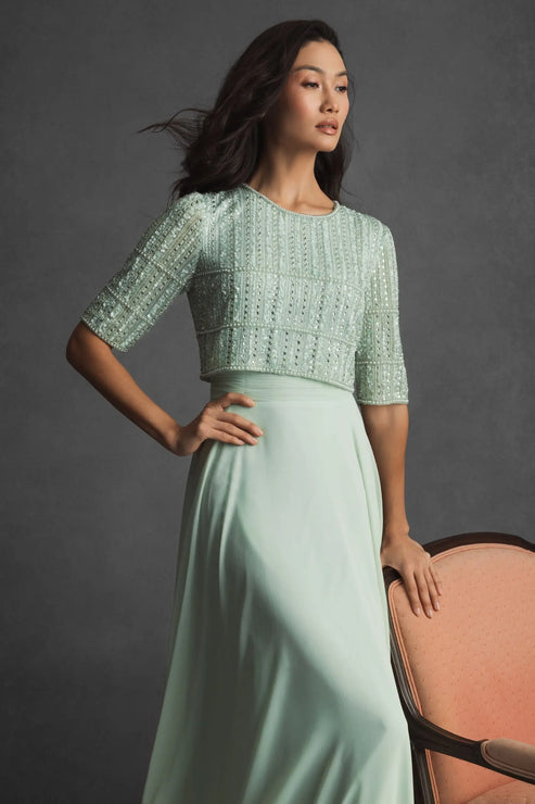 Flowing Chiffon Gown with Fully Beaded Top | Mac Duggal Dress 9180