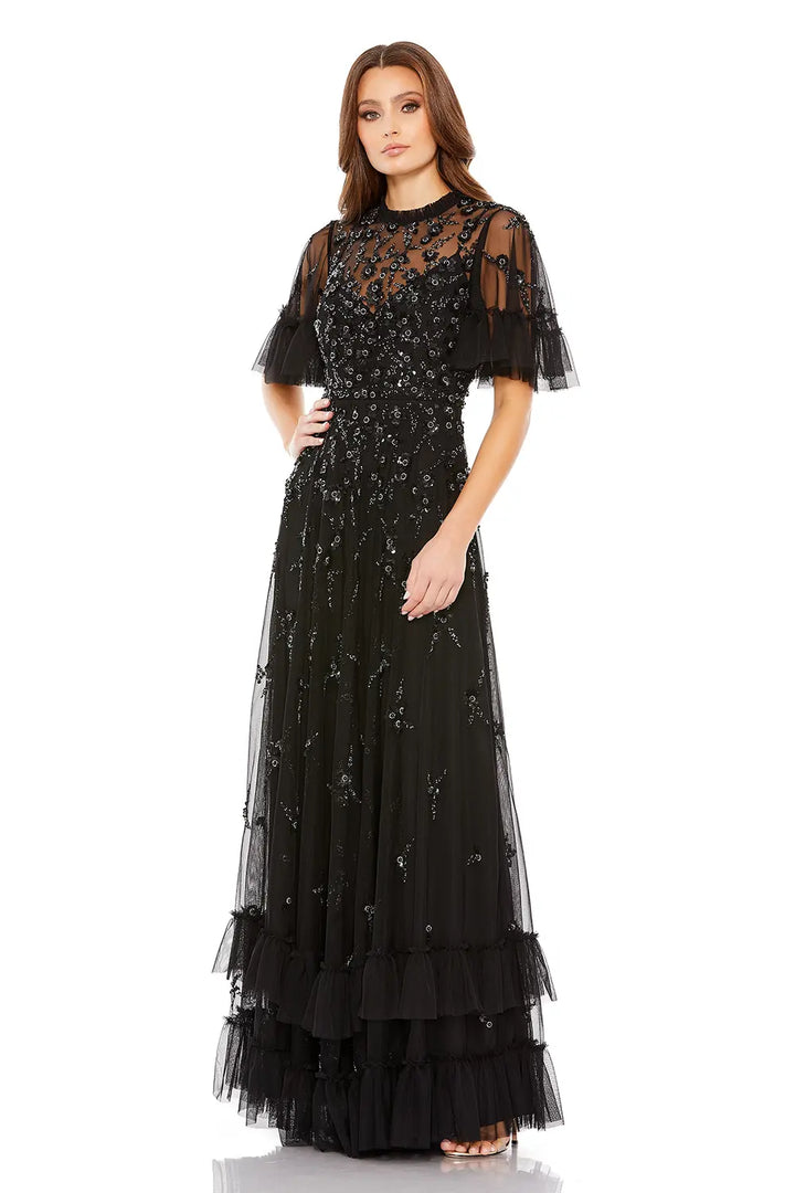 Flutter Sleeve A-Line Dress with Ruffle and Floral Detail | Mac Duggal Dress 9199