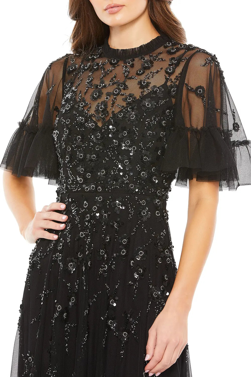 Flutter Sleeve A-Line Dress with Ruffle and Floral Detail | Mac Duggal Dress 9199