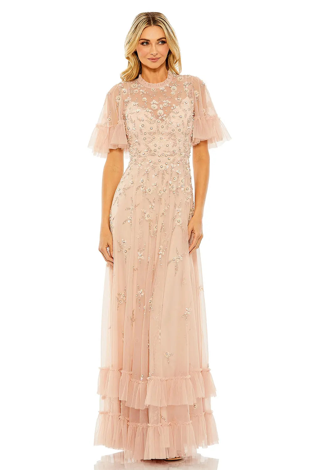 Flutter Sleeve A-Line Dress with Ruffle and Floral Detail | Mac Duggal Dress 9199