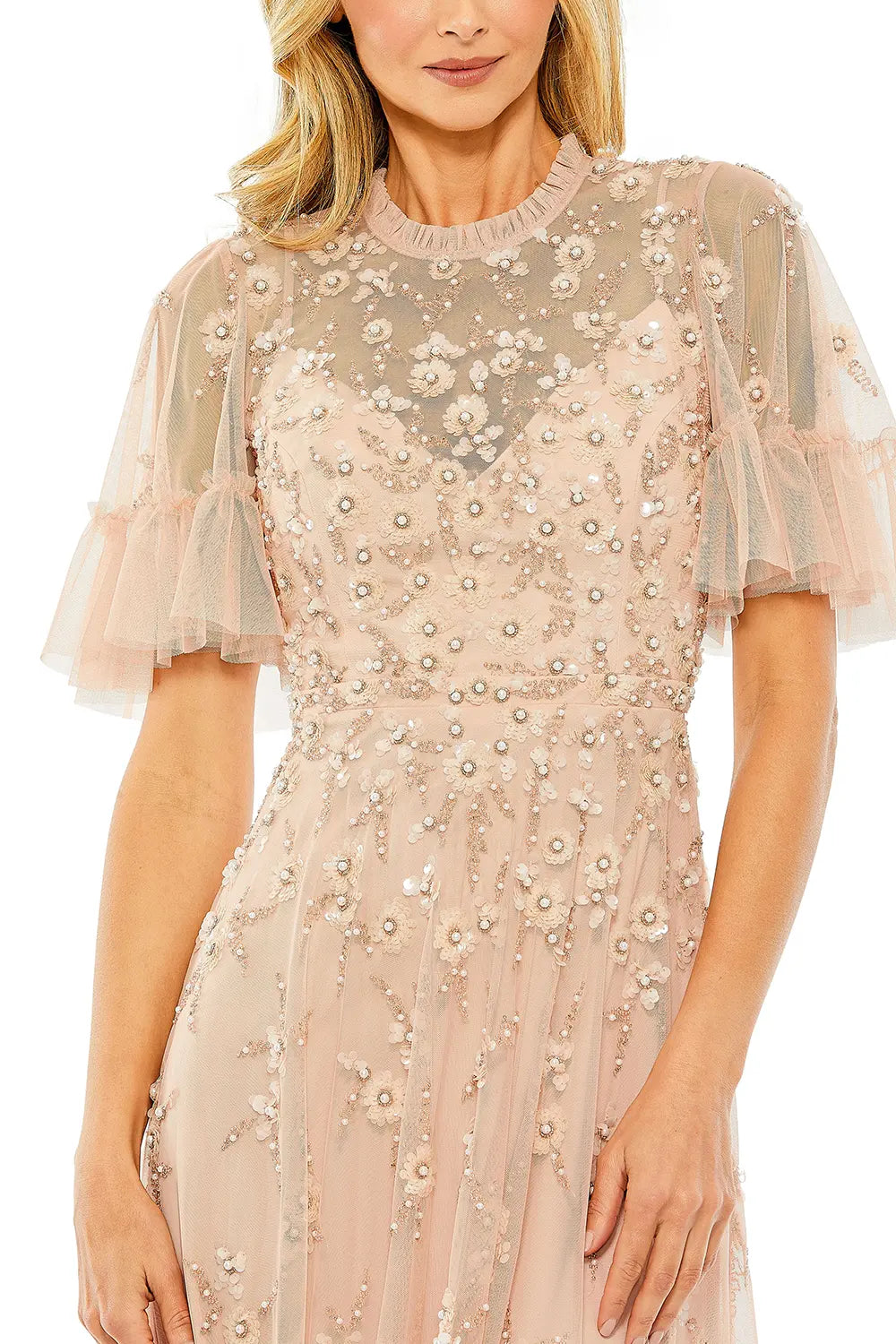 Flutter Sleeve A-Line Dress with Ruffle and Floral Detail | Mac Duggal Dress 9199