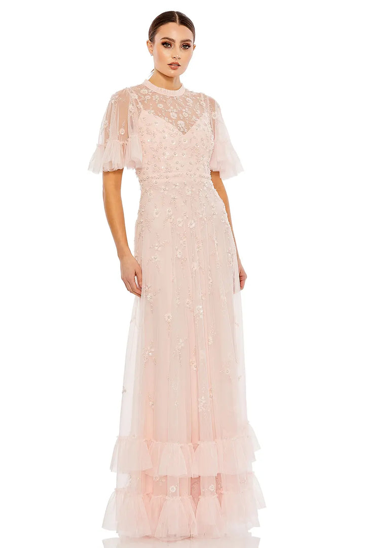 Flutter Sleeve A-Line Dress with Ruffle and Floral Detail | Mac Duggal Dress 9199