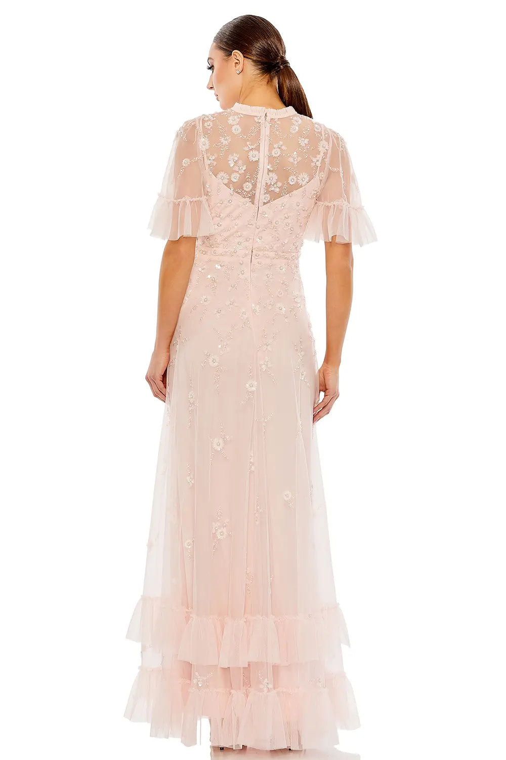 Flutter Sleeve A-Line Dress with Ruffle and Floral Detail | Mac Duggal Dress 9199