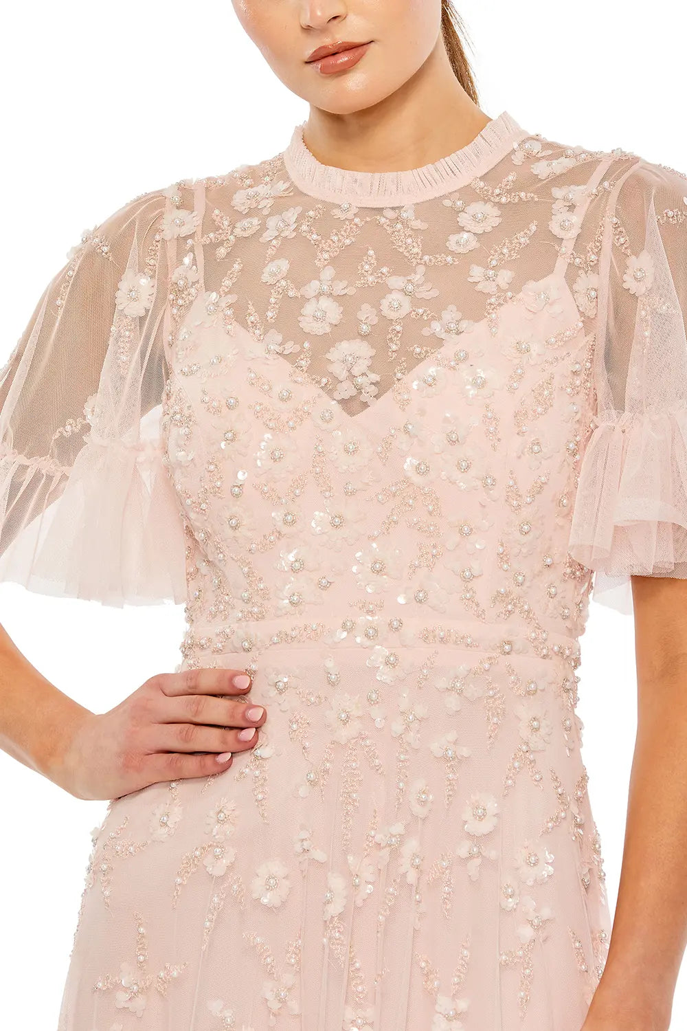 Flutter Sleeve A-Line Dress with Ruffle and Floral Detail | Mac Duggal Dress 9199