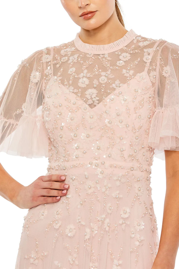 Flutter Sleeve A-Line Dress with Ruffle and Floral Detail | Mac Duggal Dress 9199