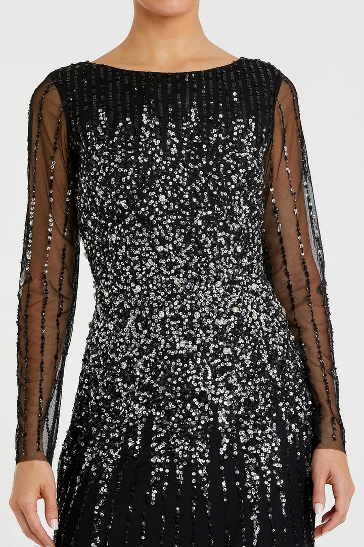 Long Sleeve Sequin High Neck Evening Gown | Mac Duggal Dress 9226