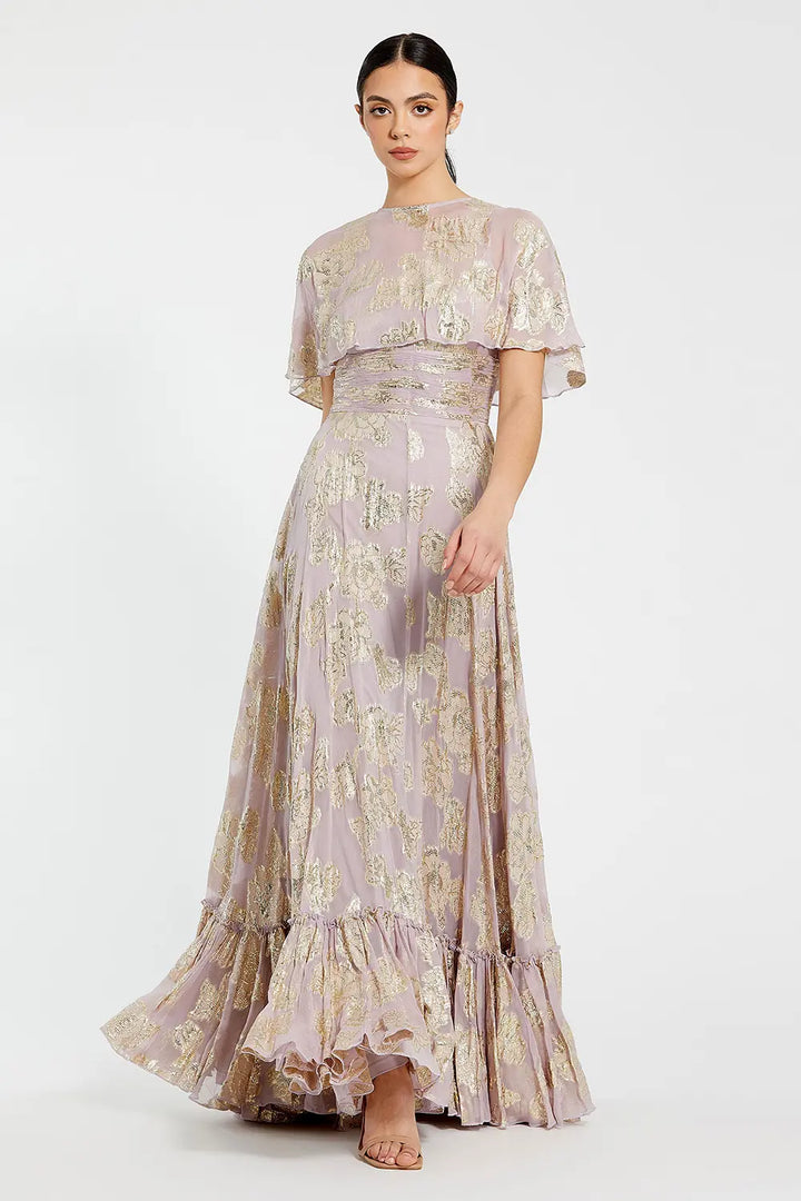 Floral Chiffon A-Line Gown with Cape Sleeves | Mac Duggal Dress 9304