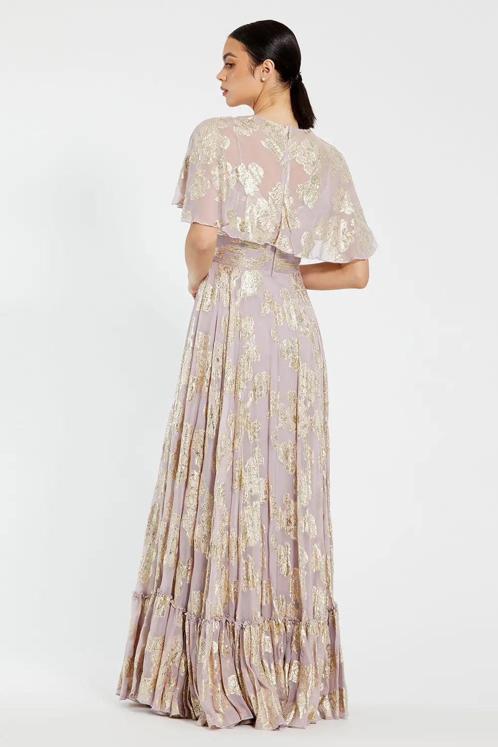 Floral Chiffon A-Line Gown with Cape Sleeves | Mac Duggal Dress 9304