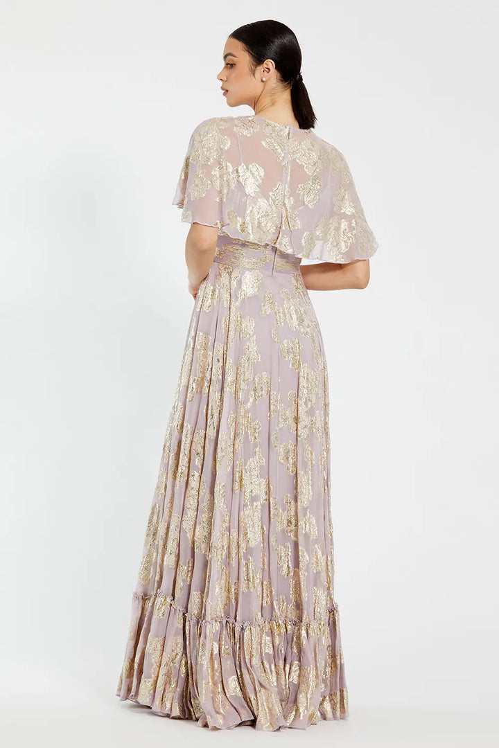 Floral Chiffon A-Line Gown with Cape Sleeves | Mac Duggal Dress 9304