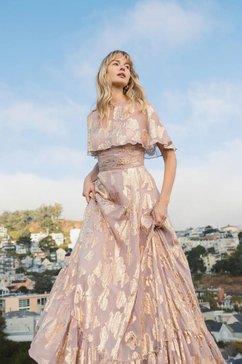 Floral Chiffon A-Line Gown with Cape Sleeves | Mac Duggal Dress 9304