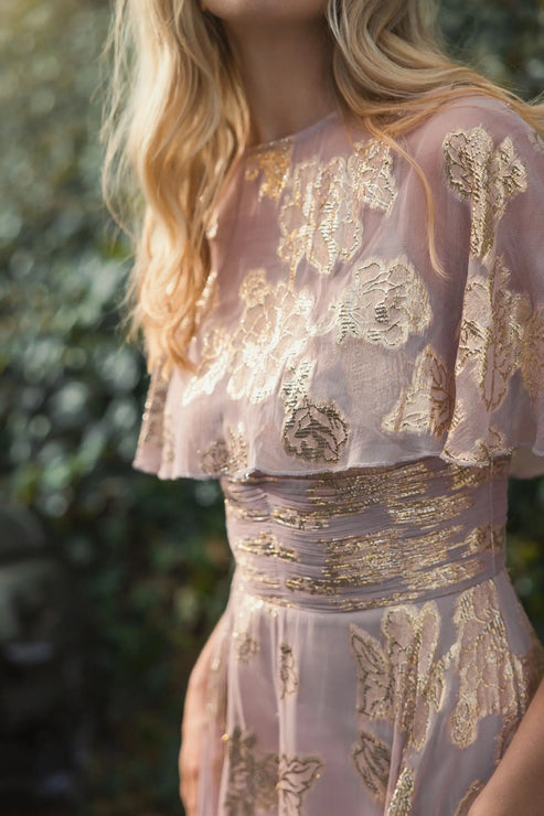 Floral Chiffon A-Line Gown with Cape Sleeves | Mac Duggal Dress 9304