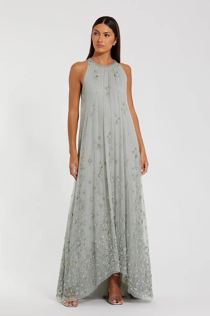 Floral Embellished High Neck Mesh Trapeze Gown | Mac Duggal Dress 9382