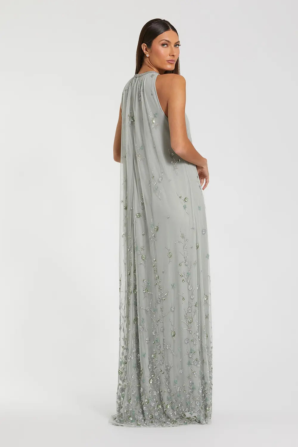 Floral Embellished High Neck Mesh Trapeze Gown | Mac Duggal Dress 9382