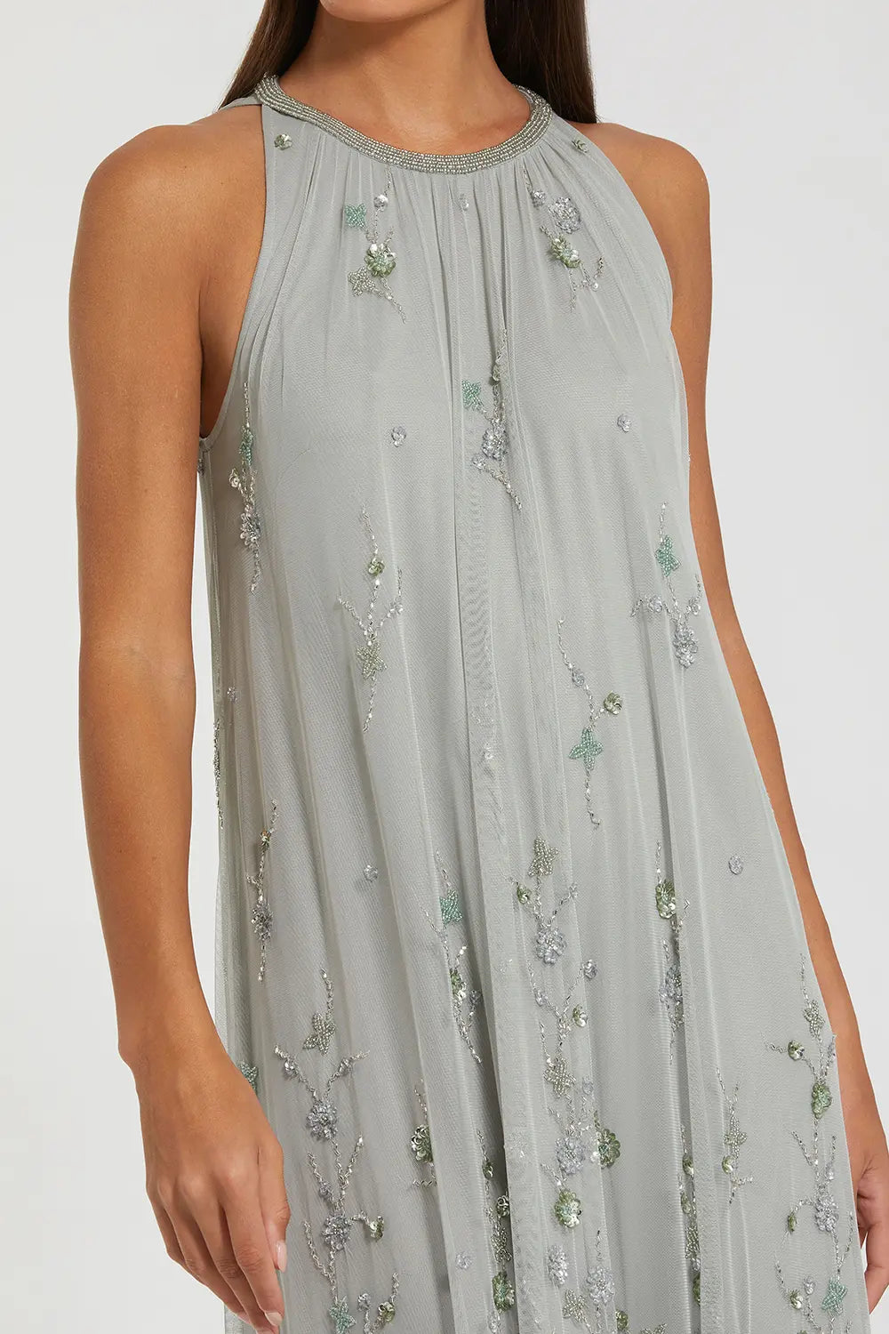 Floral Embellished High Neck Mesh Trapeze Gown | Mac Duggal Dress 9382