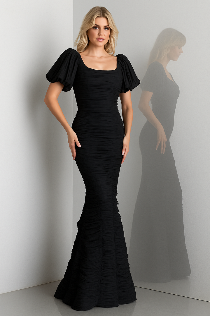 Ruched Puff Sleeve Square Neck Gown | Jovani 48057